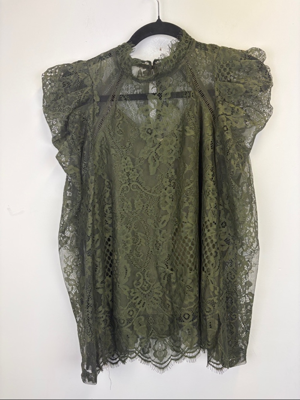 Savannah Jane Olive Lace Blouse Boho Embroidered Sheer Top Romantic Small